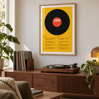 Retro 2006 print with a two sided tracklist in a bright home interior