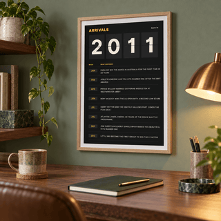 Black and amber 2011 birth year board print in a bright home interior