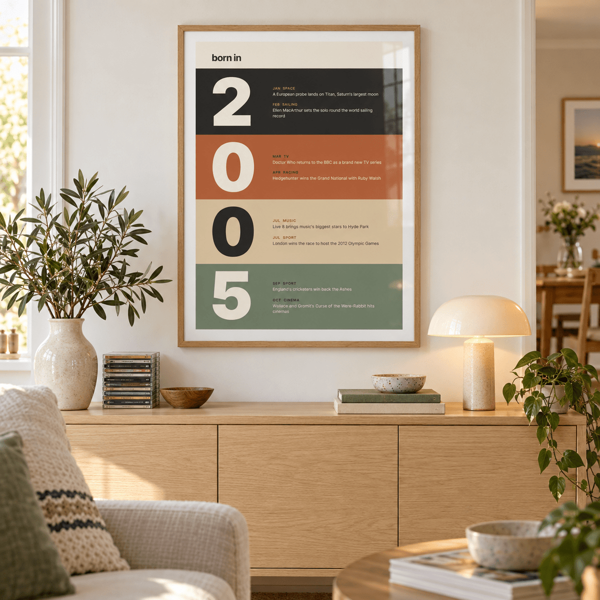 Stacked year print of 2005 in warm earth tones in a bright home interior