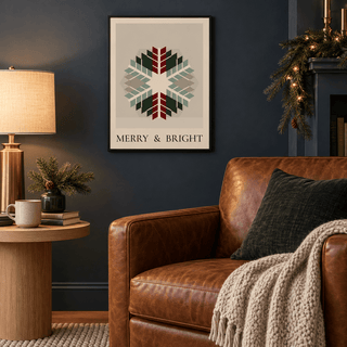 Scandi quilt snowflake print in a dark blue reading nook at Christmas