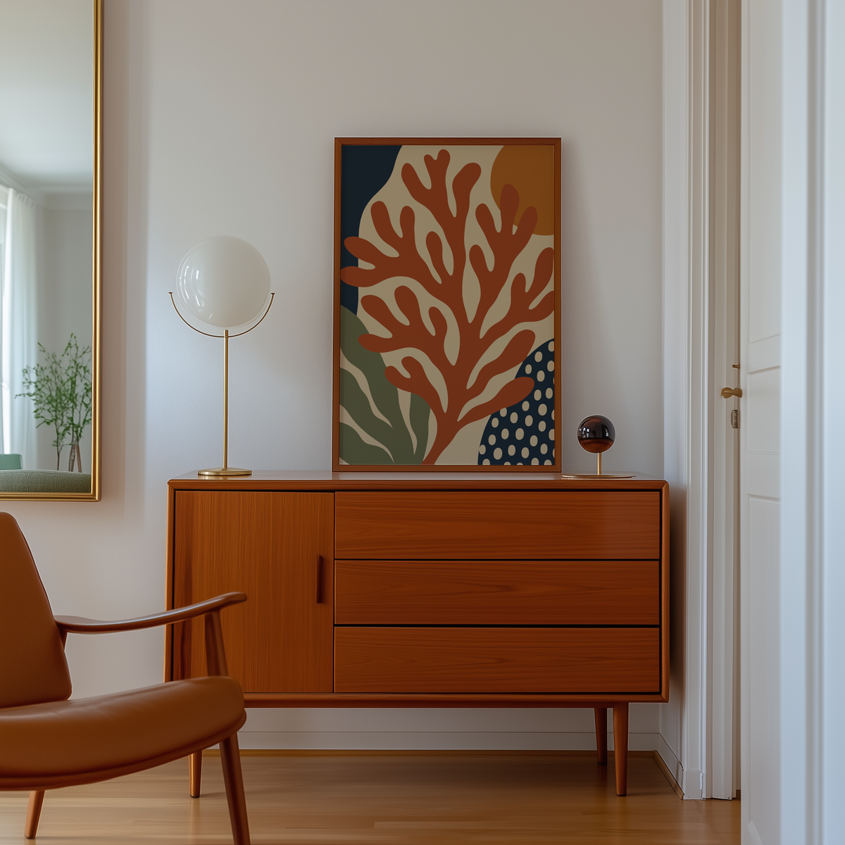 Cut paper sea garden print above a mid century sideboard in a hallway