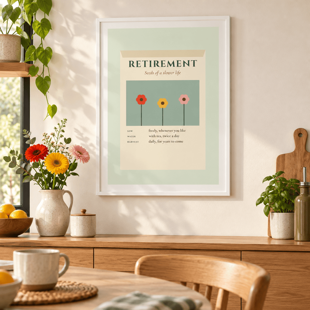 Garden retirement print on the wall of a kitchen diner