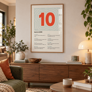 Topographic 2010 birth year print on cream in a bright home interior