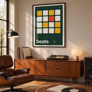 Swiss style beat maker print in a mid century listening room