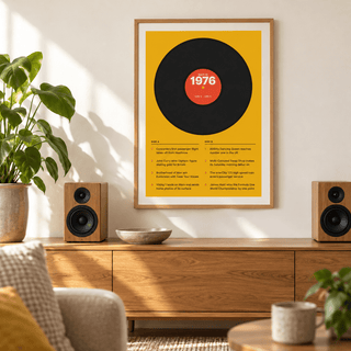 Retro 1976 print with a two sided tracklist in a bright home interior