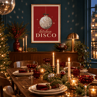 Festive red kitchen disco print in a dining party at Christmas