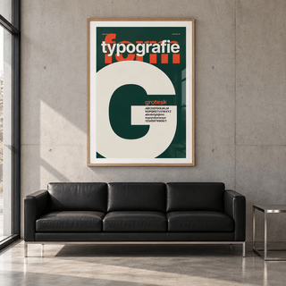Swiss style type specimen print above a sofa in a living room