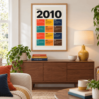 2010 birth year print in retro tile colours in a bright home interior