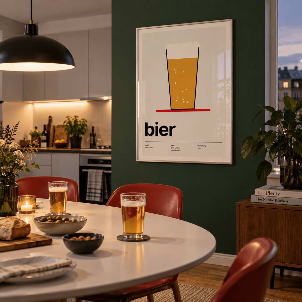 Golden beer typography print in a dining room against a green wall
