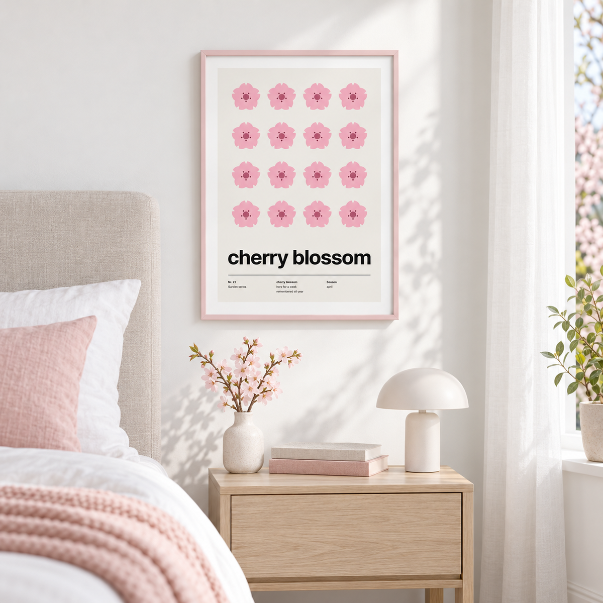Swiss style cherry blossom print on the wall of a calm bedroom