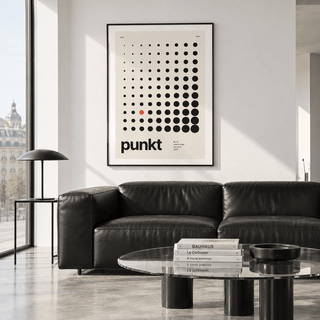 Swiss style dot print with one red dot above a sofa in a living room