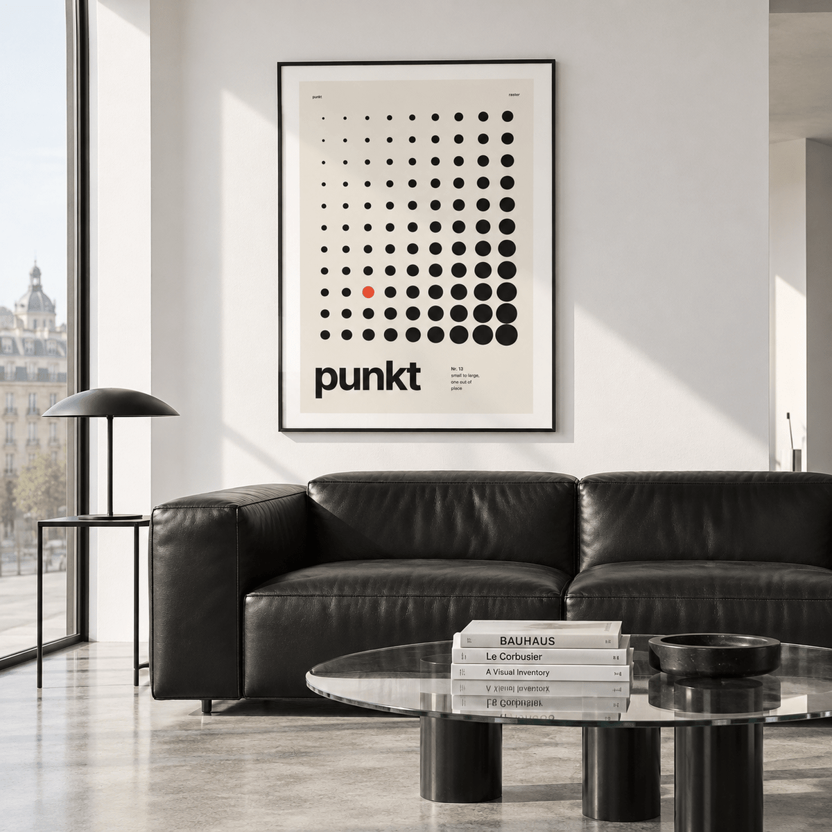Swiss style dot print with one red dot above a sofa in a living room