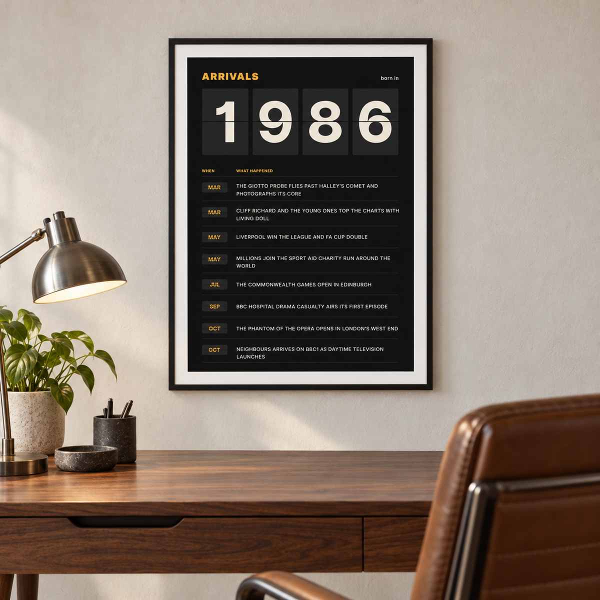 Black and amber 1986 birth year board print in a bright home interior