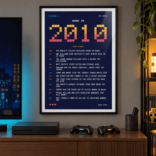 Retro gaming style 2010 birth year print in a bright home interior