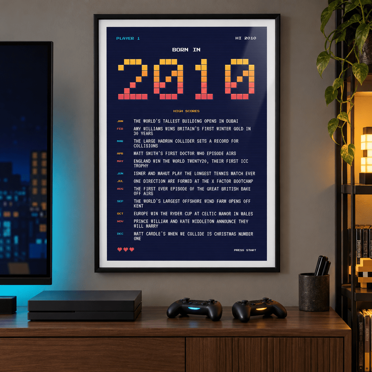 Retro gaming style 2010 birth year print in a bright home interior