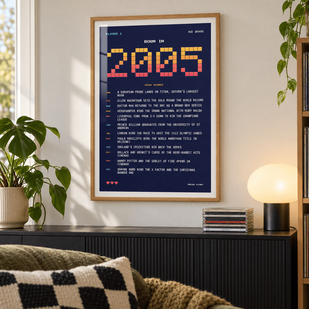 Retro gaming style 2005 birth year print in a bright home interior