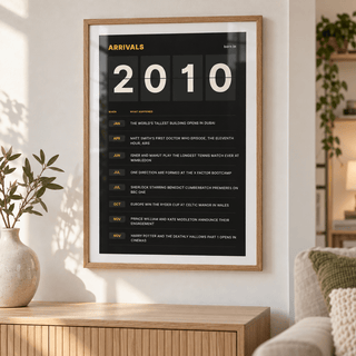 Black and amber 2010 birth year board print in a bright home interior