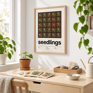 Swiss style seedlings print above a desk that looks out over a garden