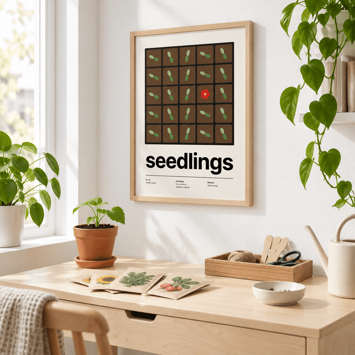 Swiss style seedlings print above a desk that looks out over a garden