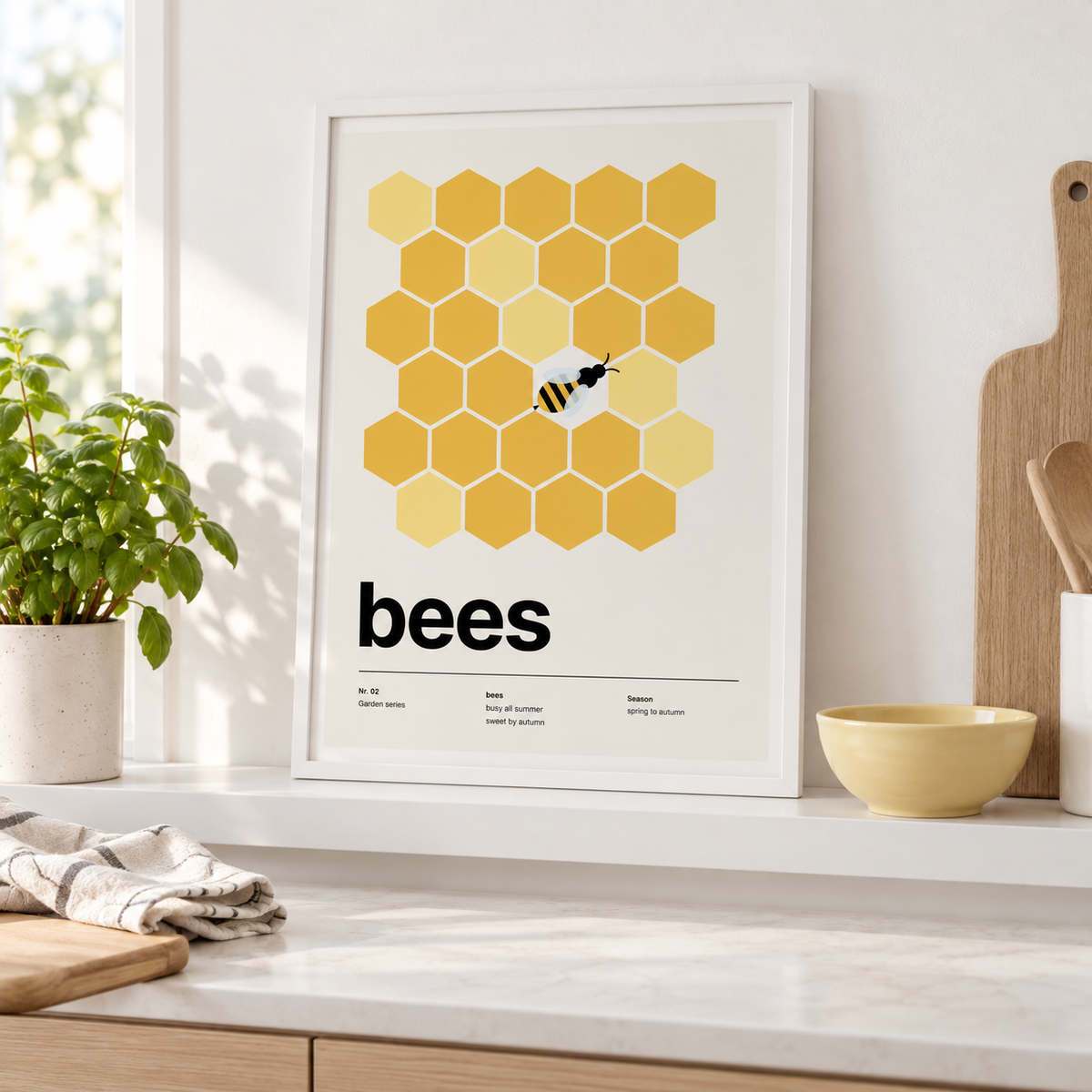 Swiss style honeycomb print leaning on a ledge in a bright kitchen