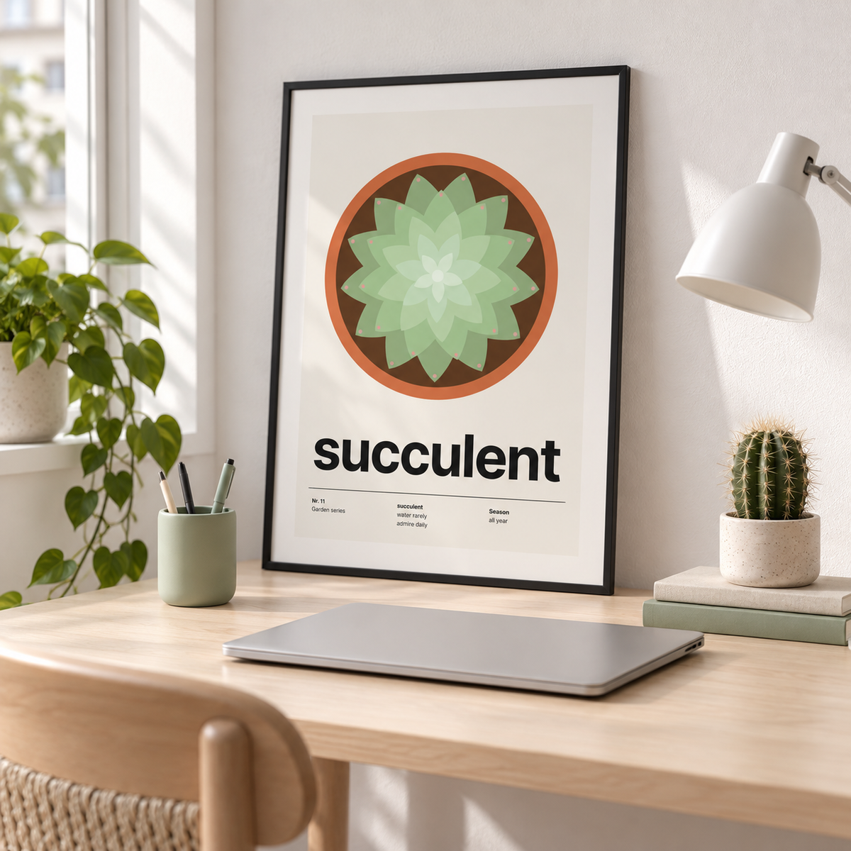 Swiss style succulent print above a desk in a bright home office