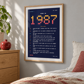 Retro gaming style 1987 birth year print in a bright home interior