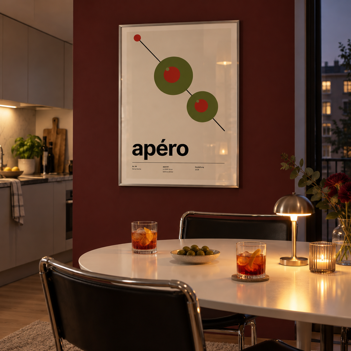 Green olives with red centres print in a dining nook against a burgundy wall