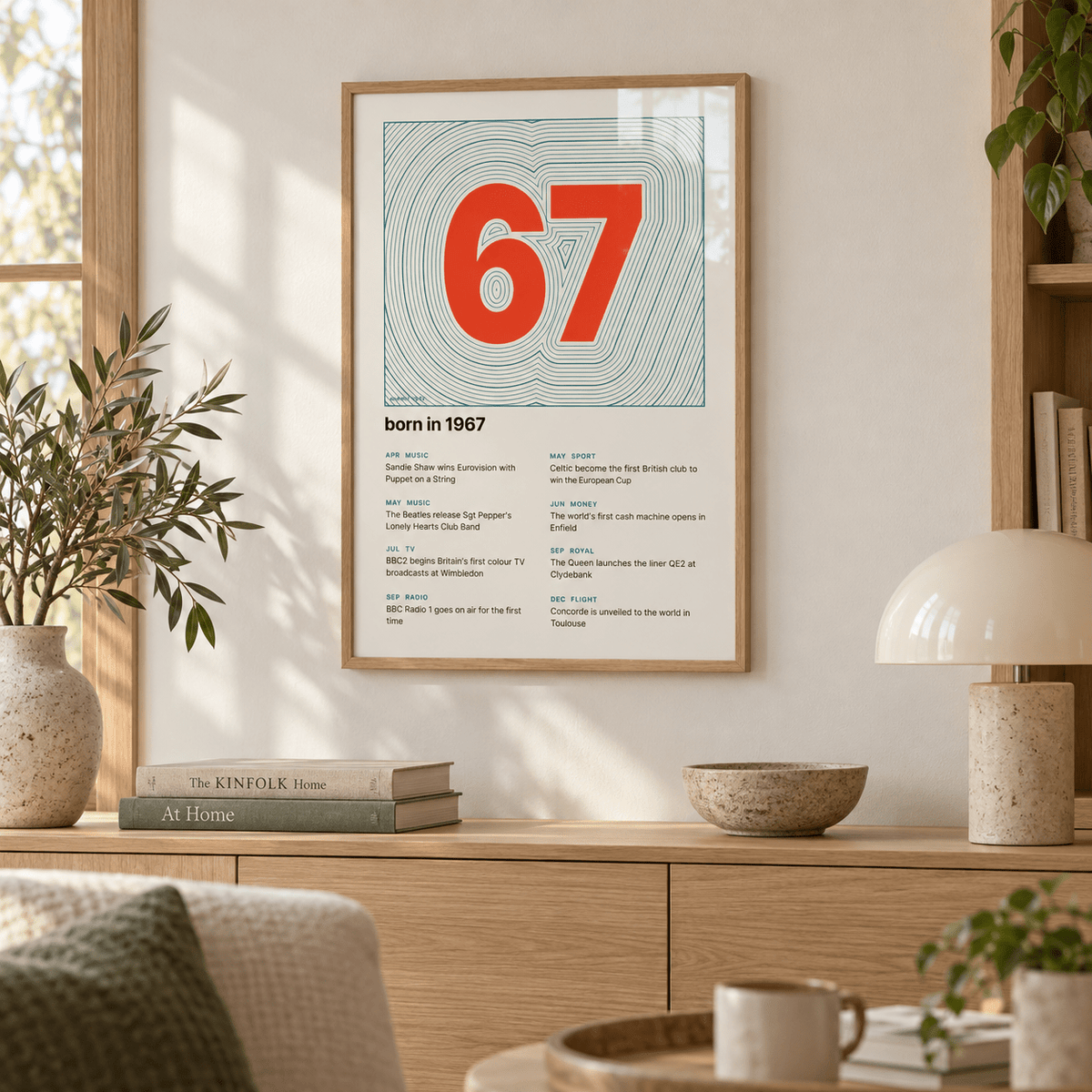 Topographic 1967 birth year print on cream in a bright home interior