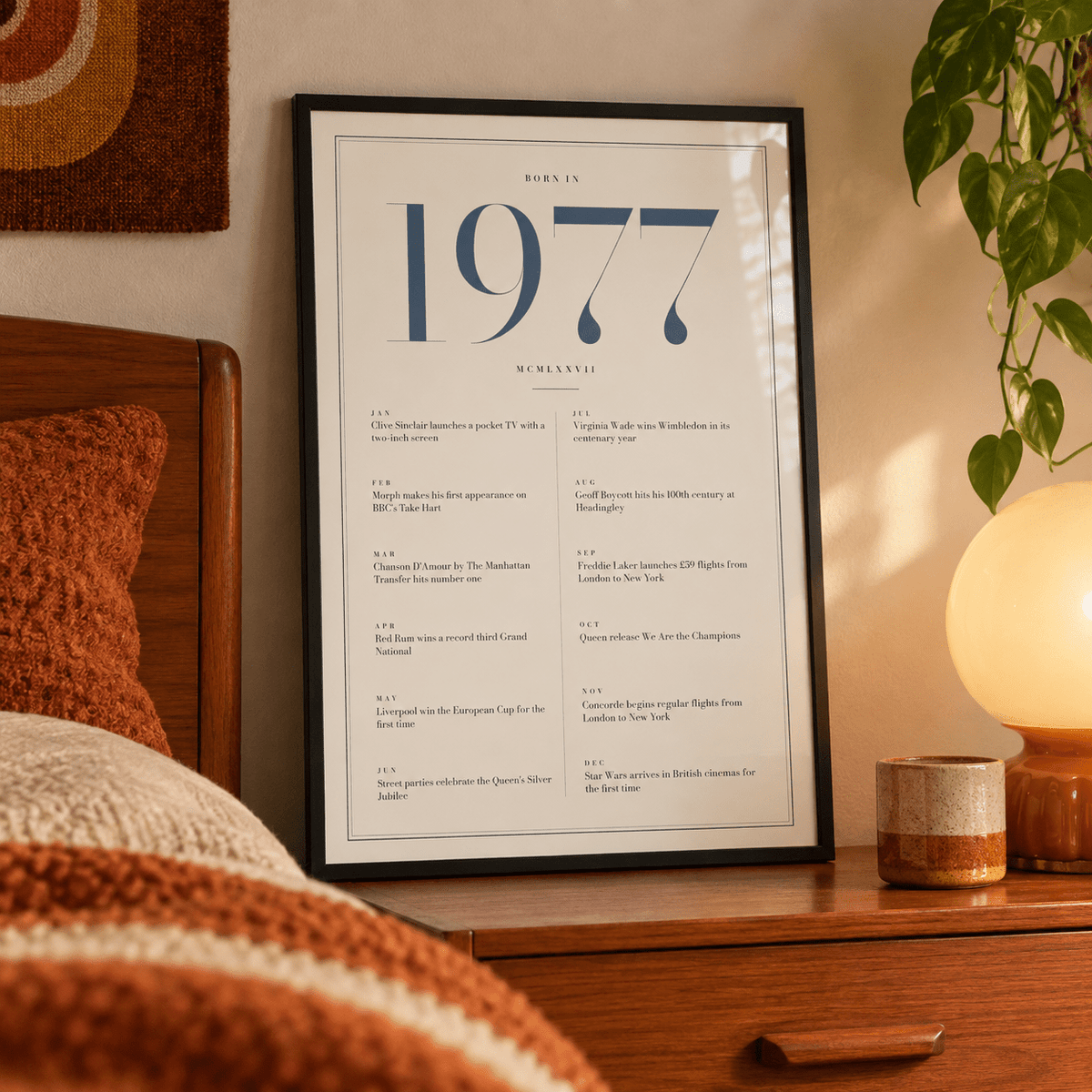 Refined 1977 print with twelve monthly moments in a bright home interior