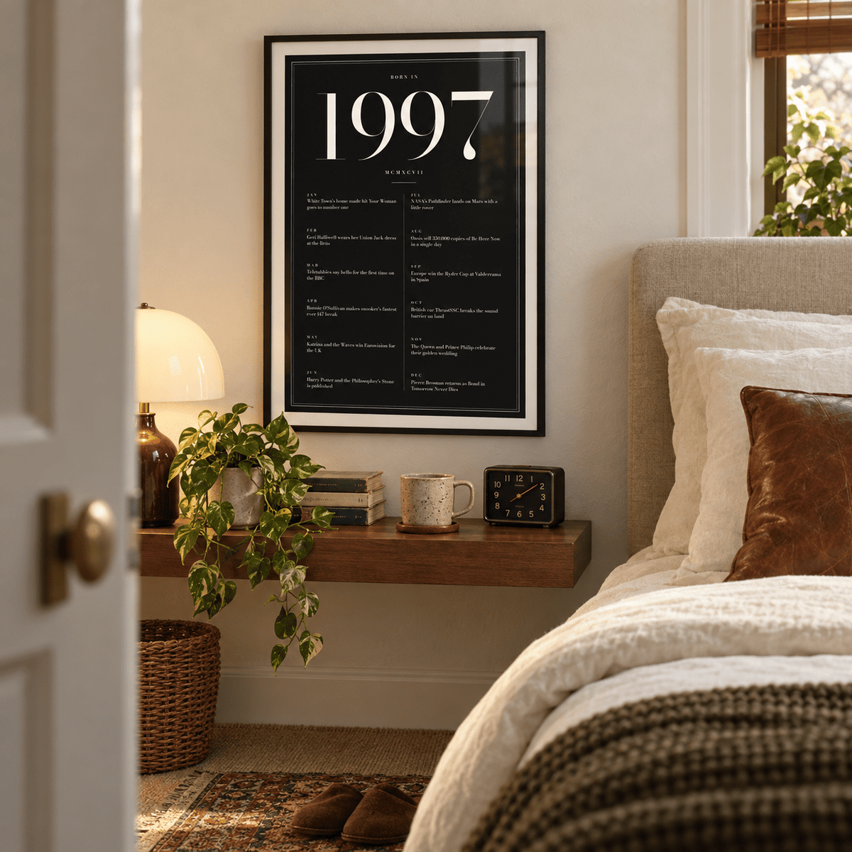 Elegant 1997 print with twelve monthly moments in a bright home interior