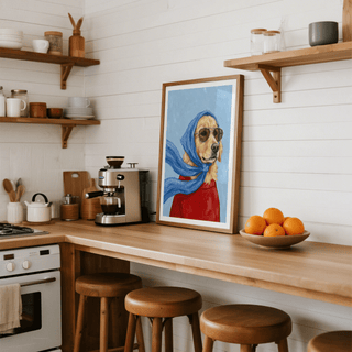 Golden Retriever Art featuring Blue background, Beige dog, Red shirt for bedroom display