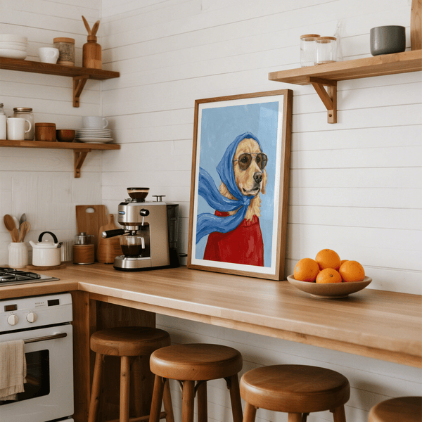 Golden Retriever Art featuring Blue background, Beige dog, Red shirt for bedroom display