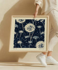 Navy dandelion wall art with abstract floral design.