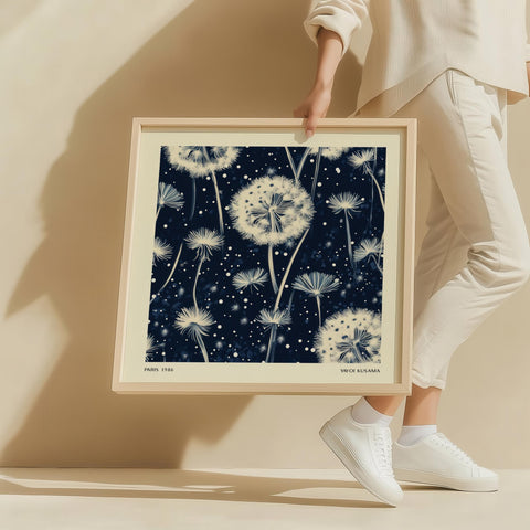 Navy dandelion wall art with abstract floral design.