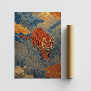 Majestic animal wall decor in a Japanese-inspired patterned landscape.