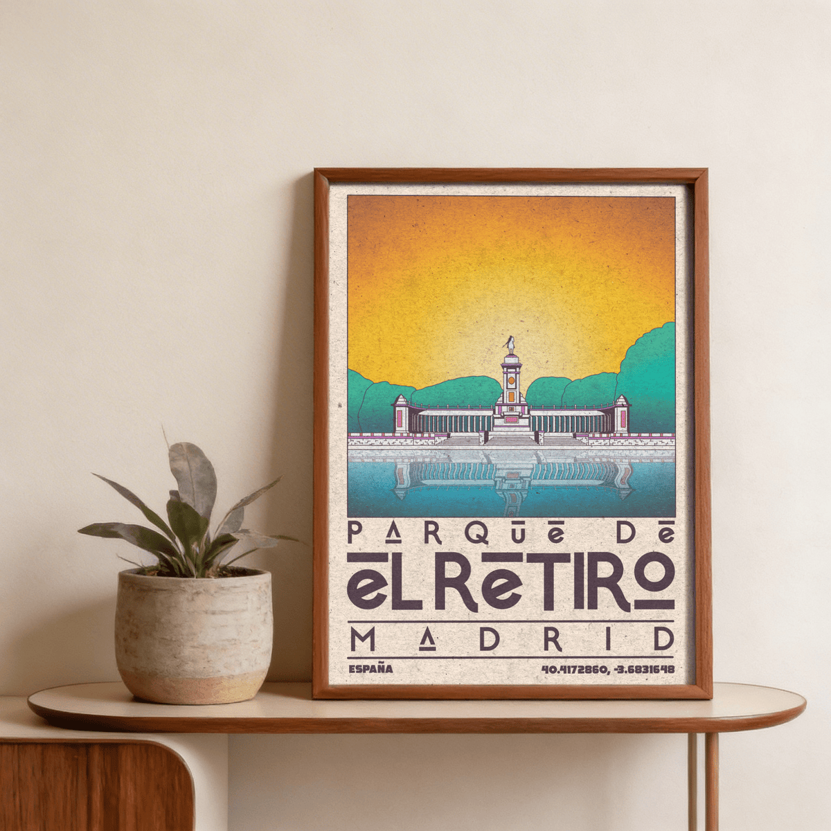 Detail crop of Madrid Landscape Poster typography reading Parque de el Retiro Madrid España