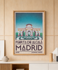 Showcasing Puerta de Alcalá monument, Madrid Architecture Poster print with symmetrical arches and vintage type