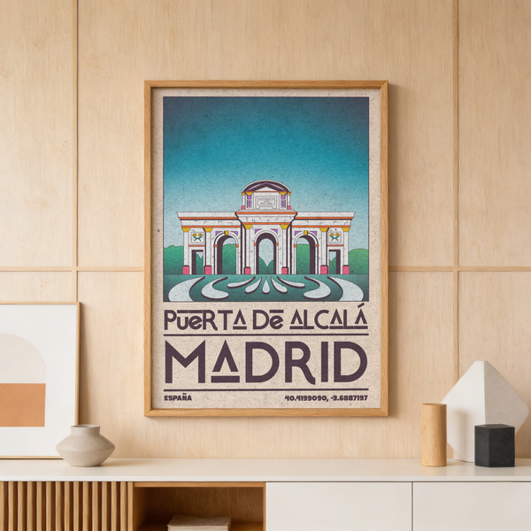 Showcasing Puerta de Alcalá monument, Madrid Architecture Poster print with symmetrical arches and vintage type
