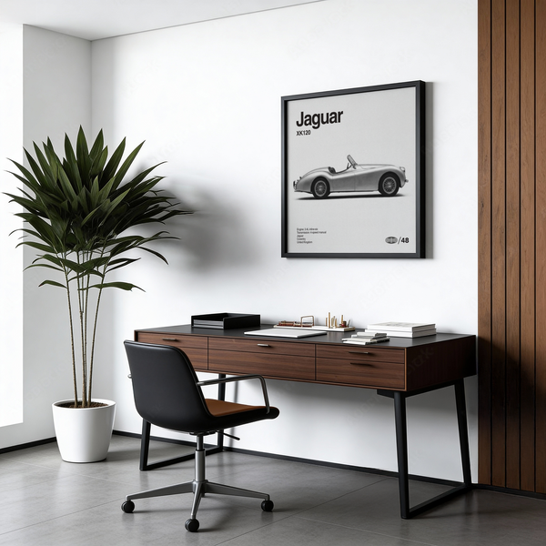 Jaguar XK120 Art Print in Gray tones for study, featuring classic car wall art