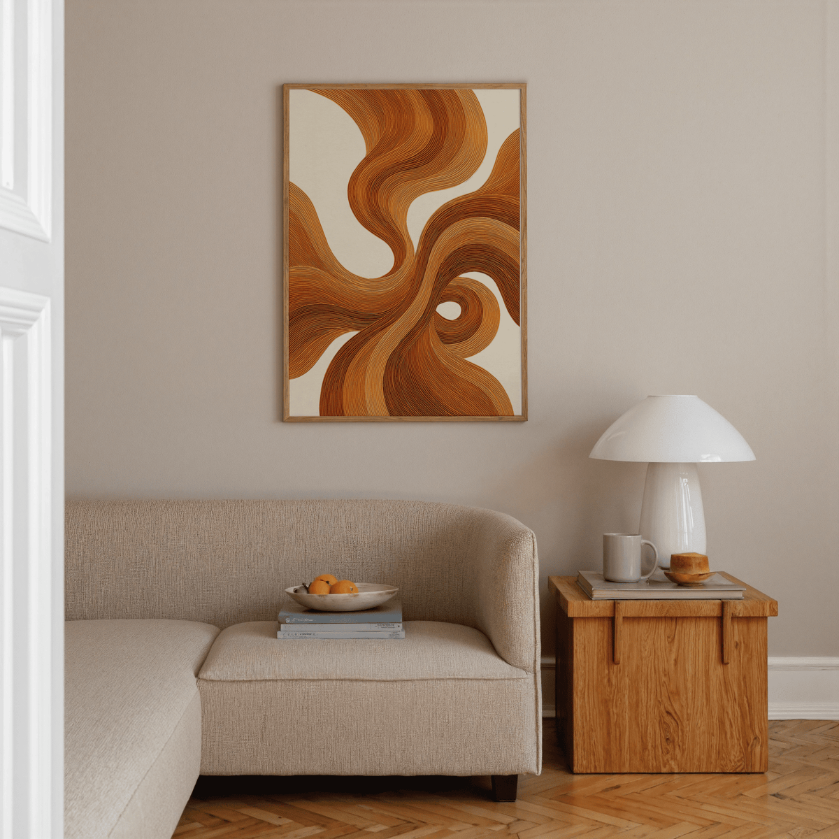 Wall Art with Burnt Orange, swirling orange and brown curves, entryway art print