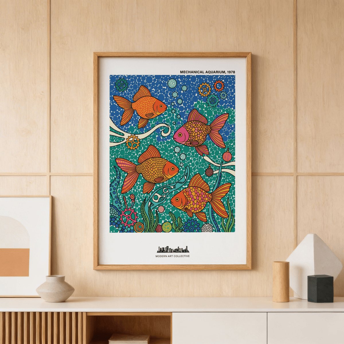 Showcasing fish wall art print with mosaic scales, dotted background, and mechanical gears