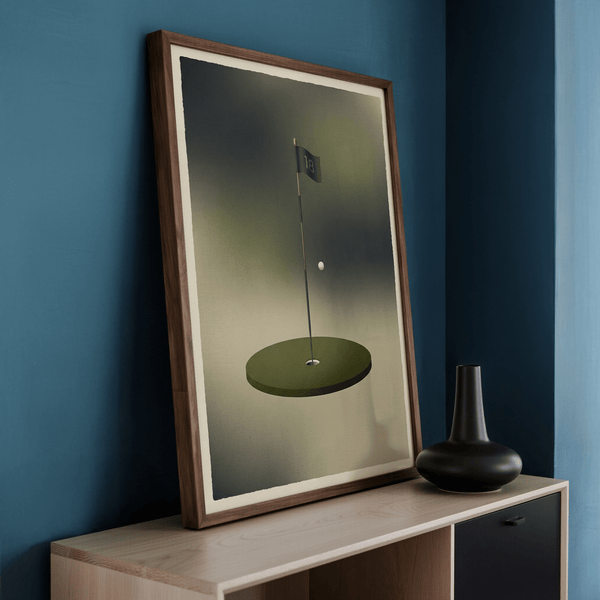 Graphic flagstick and floating golf ball on beige gray backdrop