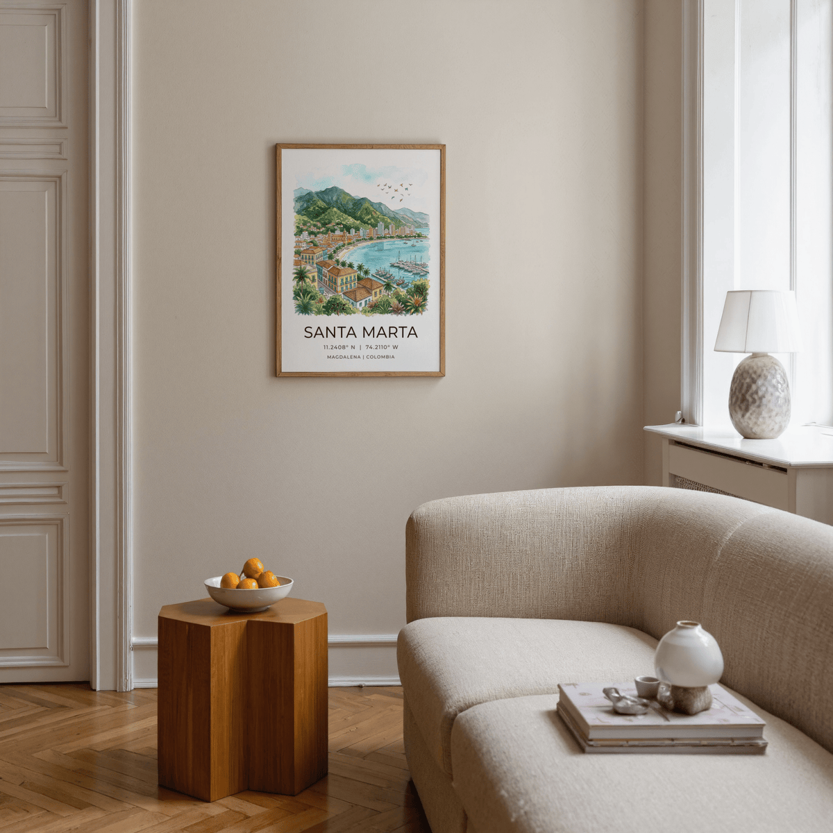 Illustrated Santa Marta city poster showing beachfront, sailboats, and hillside buildings
