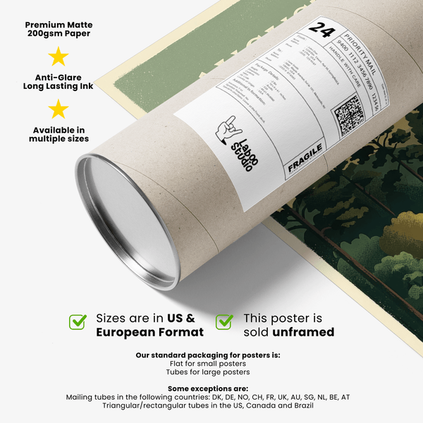 Displays a classic golf course poster print with layered trees and gradient sky