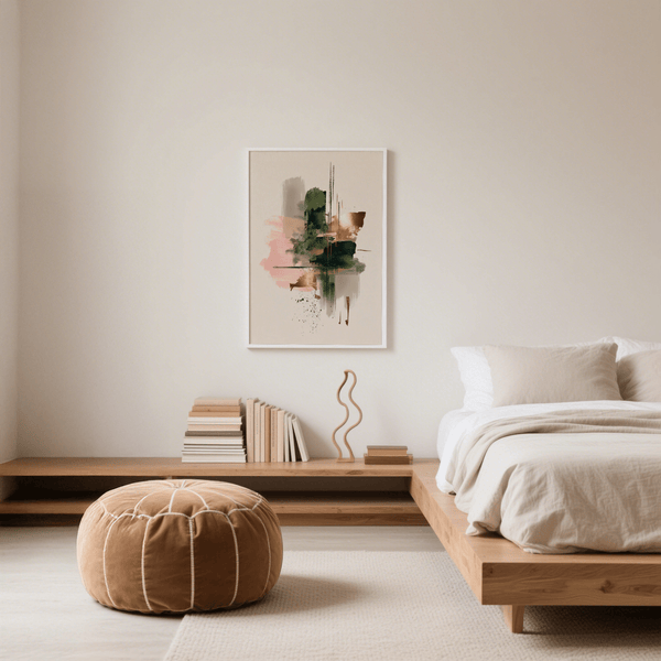 Modern art print in Pink and Green Print style for bedroom, displaying Green, Beige, Pink, and Gold colors.