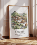 Hand-drawn style wall art print of Beijing with clustered rooftops and surrounding greenery