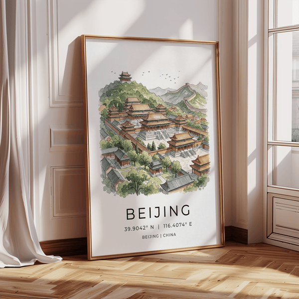 Hand-drawn style wall art print of Beijing with clustered rooftops and surrounding greenery