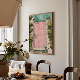 Painterly tennis court poster with central court geometry and walkway border details
