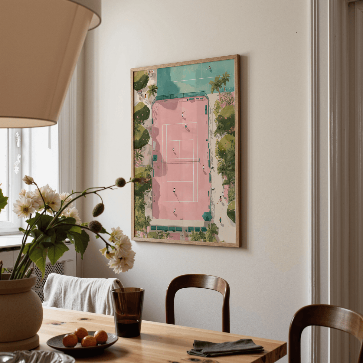 Painterly tennis court poster with central court geometry and walkway border details