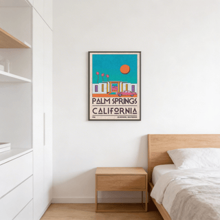 Retro Palm Springs Art Print with Blue sky, Orange sun, and Pink car in a graphic poster layout